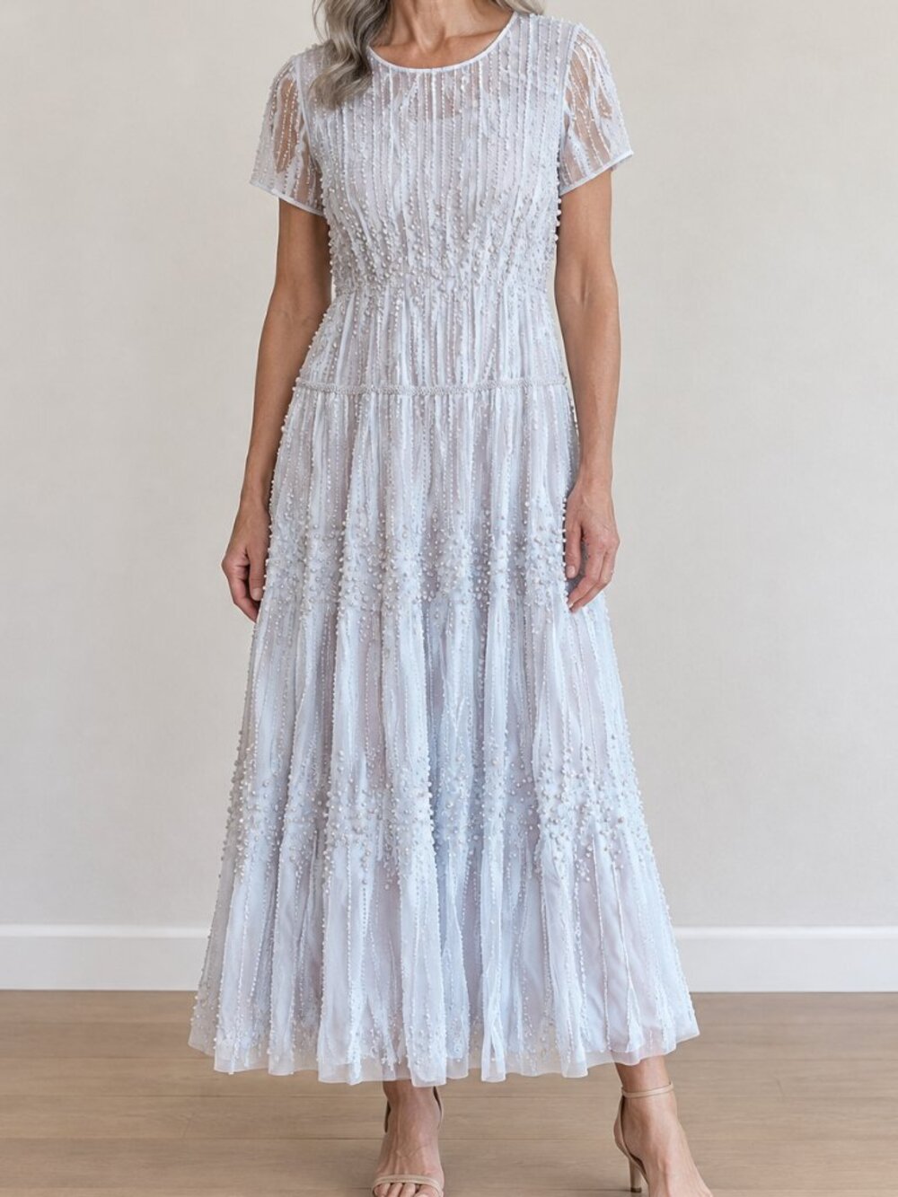 NWT Aidan Mattox beaded dress 6 midi grey silver